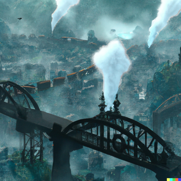File:DALL·E 2023-04-14 22.28.50 - steampunk city of bridges built on top of a shield volcano surrounded in mist and dense forest and trains.png