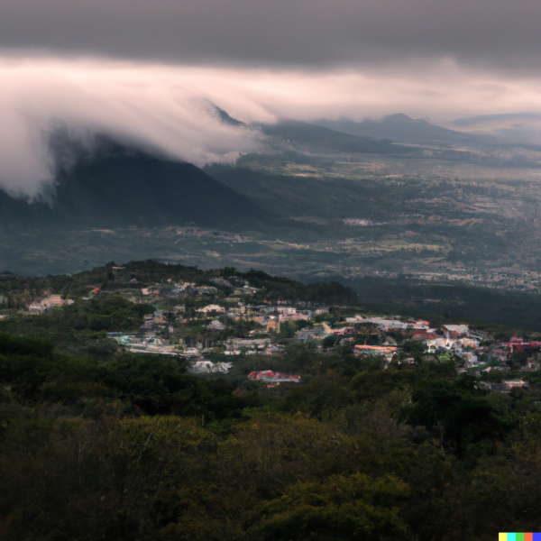 File:DALL·E 2023-04-14 22.15.45 - city built on top of a shield volcano surrounded in mist and dense forest.png