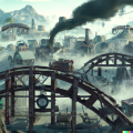 DALL·E 2023-04-14 22.28.47 - steampunk city of bridges built on top of a shield volcano surrounded in mist and dense forest and trains.png