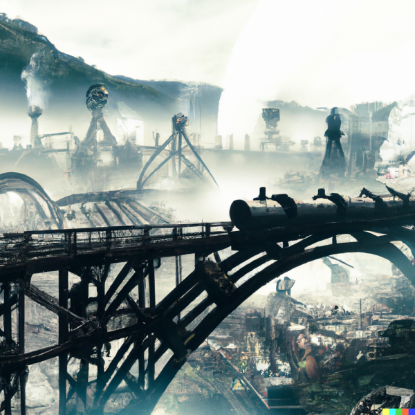 File:DALL·E 2023-04-14 22.28.56 - steampunk city of bridges built on top of a shield volcano surrounded in mist and dense forest and trains.png